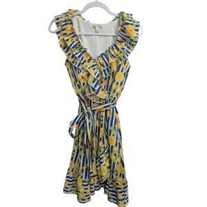 Summery blue & white striped midi dress w/bright lemon print by Cato size Med